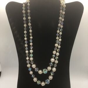 Aurora Borealis Vintage Bead Necklace with Crystal and white beads Two strands